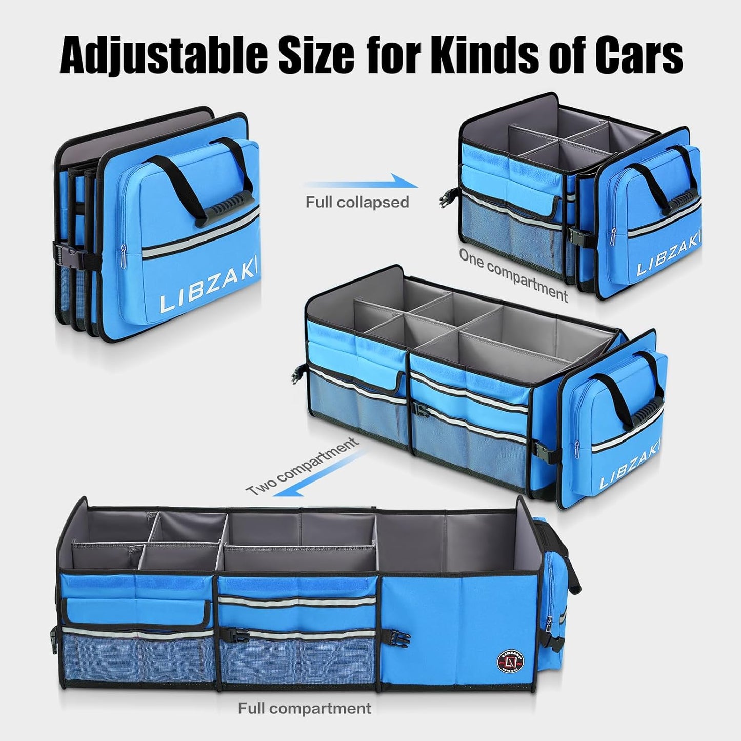LIBZAKI Oversize 4 in 1 Car Trunk Storage Organizer, Multi Compartment Collapsible Trunk Storage Box with Cooler Bag for Car Truck SUV-Light Blue