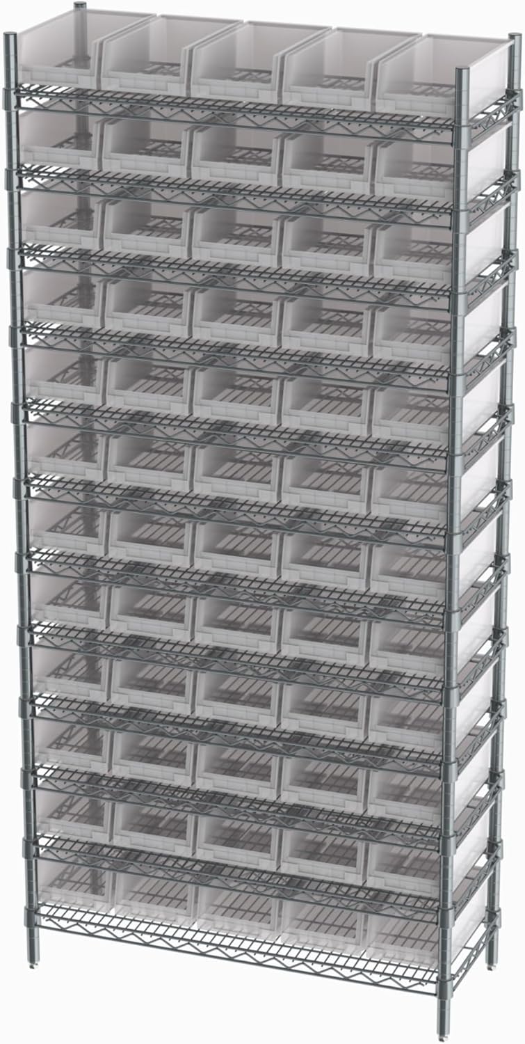 Hudson Exchange 36x14x74, 12-Tier (60 Bins Included), Industrial Wire Shelving Unit with Storage Shelf Bins, Chrome Rack (Clear)