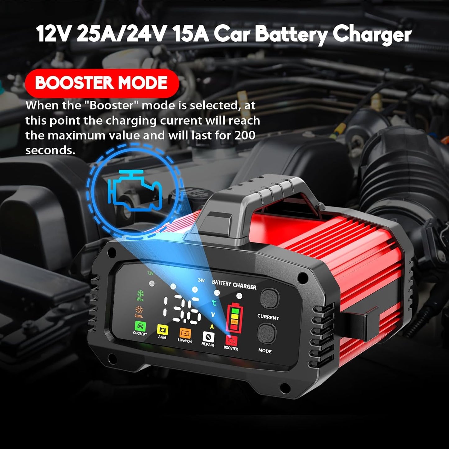 YONHAN 25A Battery Charger & Maintainer,12V/24V All-in-One Charger for LiFePO4, Lead Acid, AGM, Lithium, Marine, Boat, and Deep Cycle Batteries,5-Level Adjustable Current, Booster Mode,Trickle Charge