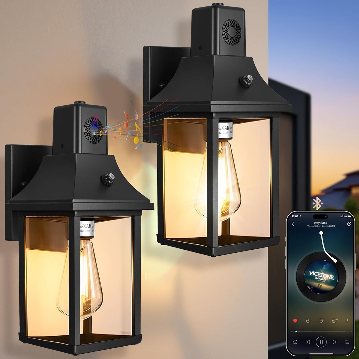 2PACK Bluetooth Speaker Outdoor Wall Lights - Porch Lights Outdoor with Dusk to Dawn Sensor, Waterproof Exterior Lighting Fixtures for House, Garage, Front Door, E26, Black