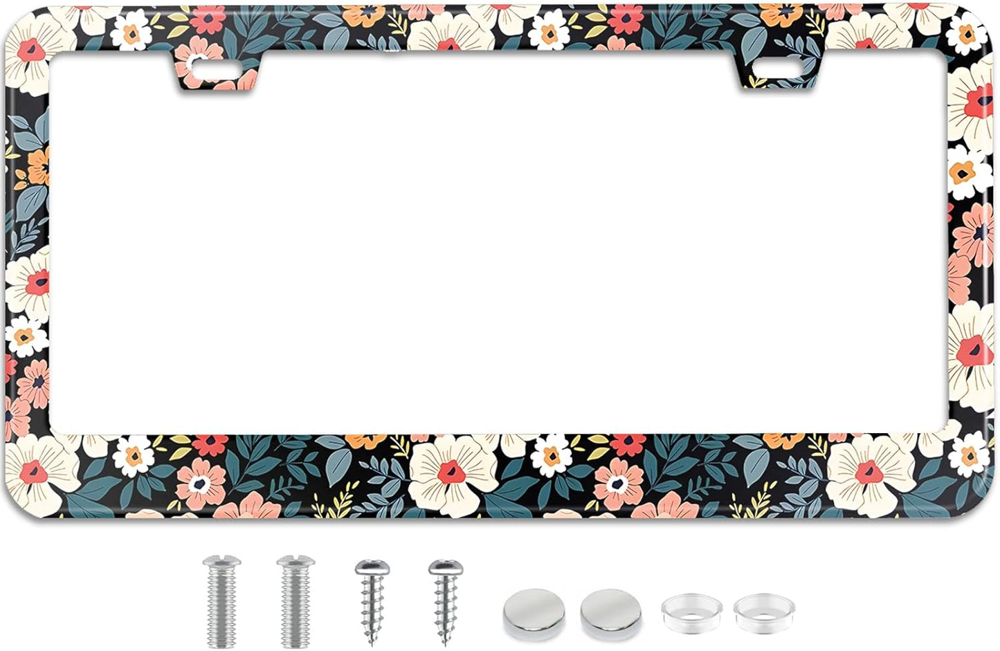 Folk Floral License Plate Frame Colorful Flowers Stainless Steel License Plate Frames Holder Covers Rust-Proof Auto Parts Decoration with Screws License Plate Holder for Car Accessories 12x6 Inch
