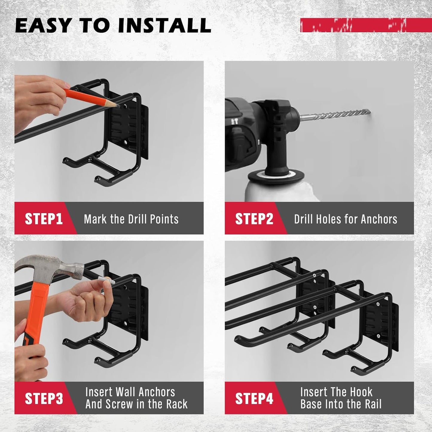 4-Piece 9.4" Heavy Duty Garage Hooks, Sturdy Utility Hooks Holds 55 LB Wall Mount Garden Tool Organizer Hangers for Hanging Shovel Ladder Chairs Strollers Power Tool Tire and More (Black)