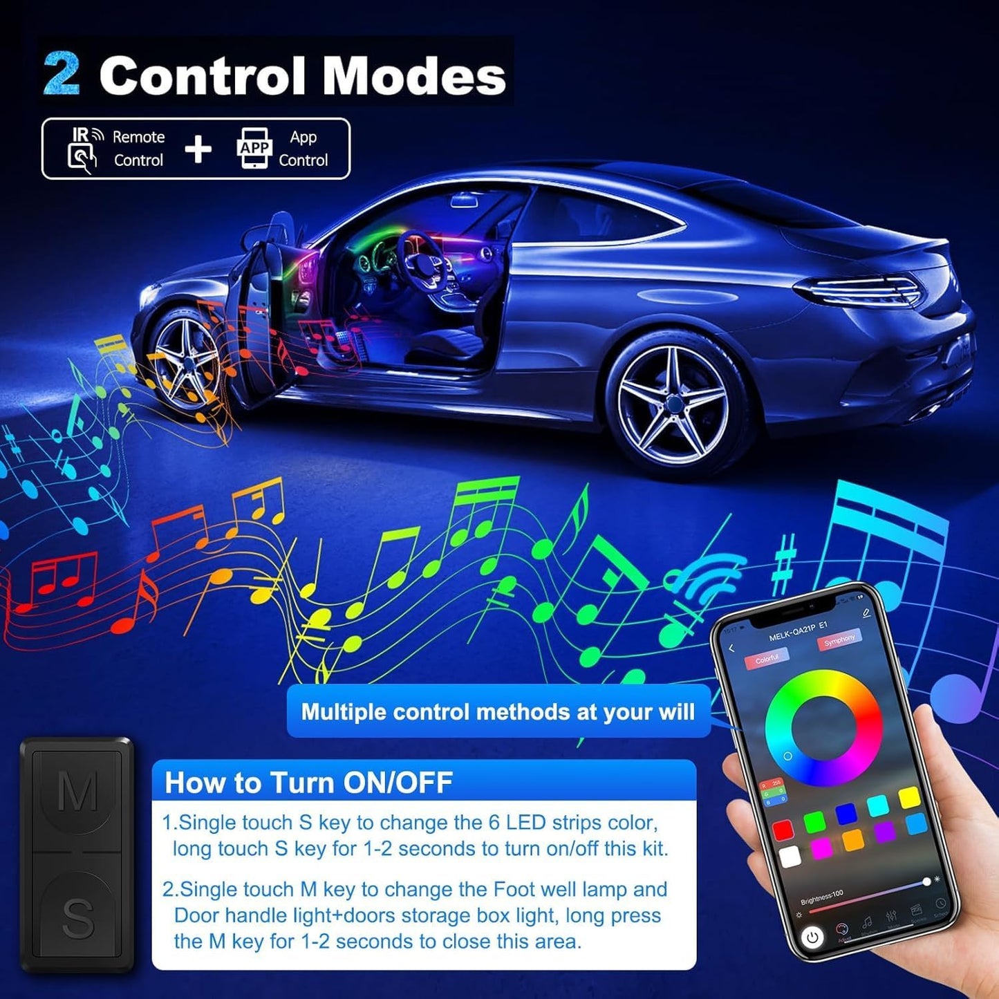 Dreamcolor Acrylic Interior Car LED Strip Light with Wireless APP, RGB 22 in 1 with 175 inches 600 LEDs Fiber Optic Car Ambient Lighting Kits, Dual Zone Sound Active Function LED Strip for Car