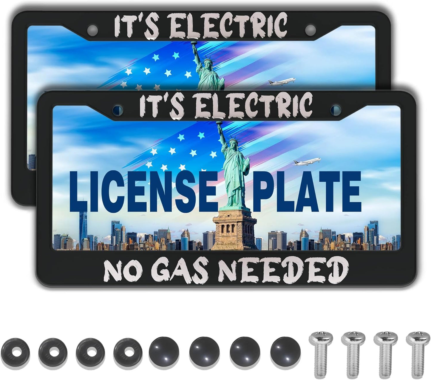 License Plate Cover Black and White License Plate Frames It’s Electric No Gas Needed Universal Aluminum Car Accessory 2 Pack with Screw Covers Set
