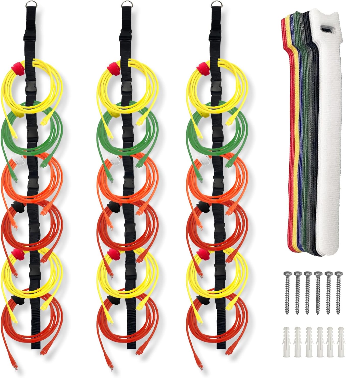 3 Pcs Extension Cord Organizers Storage Garage Extension Cord Holder with 6 Slots Organizer Straps with 28 Pcs Cable Ties 6 Pcs Hardware Nails for Vertical Space Cable Hose Rope String Lights