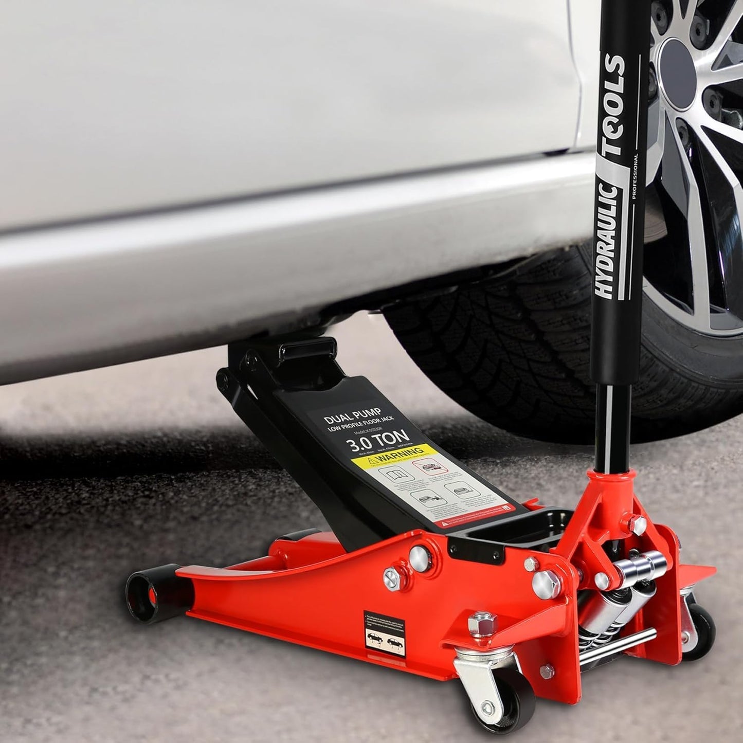 3 Ton Low Profile Floor Jack, Heavy Duty Floor Jack with Dual Pistons Quick Lift Pump, Steel Car Jack Adjustable Height 3.3"-18.5", Hydraulic Trolley Floor Jacks 3 Ton/6600 LB Capacity, Red