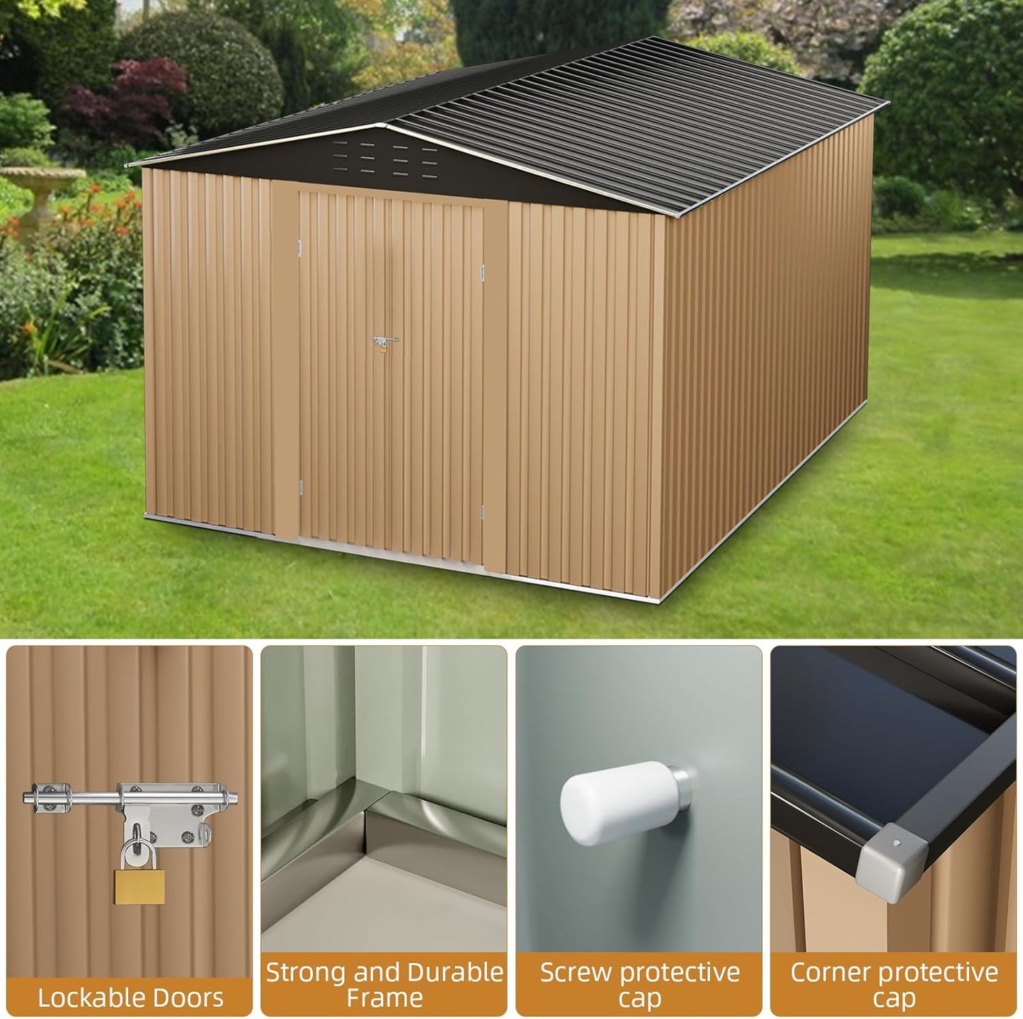 8X12FT Outdoor Metal Storage Shed, Lockable Weatherproof Garden Shed for Tools & Equipment, Durable Galvanized Steel with Sloping Roof & Ventilation, Ideal for Backyard, Patio & Garage Storage, Brown