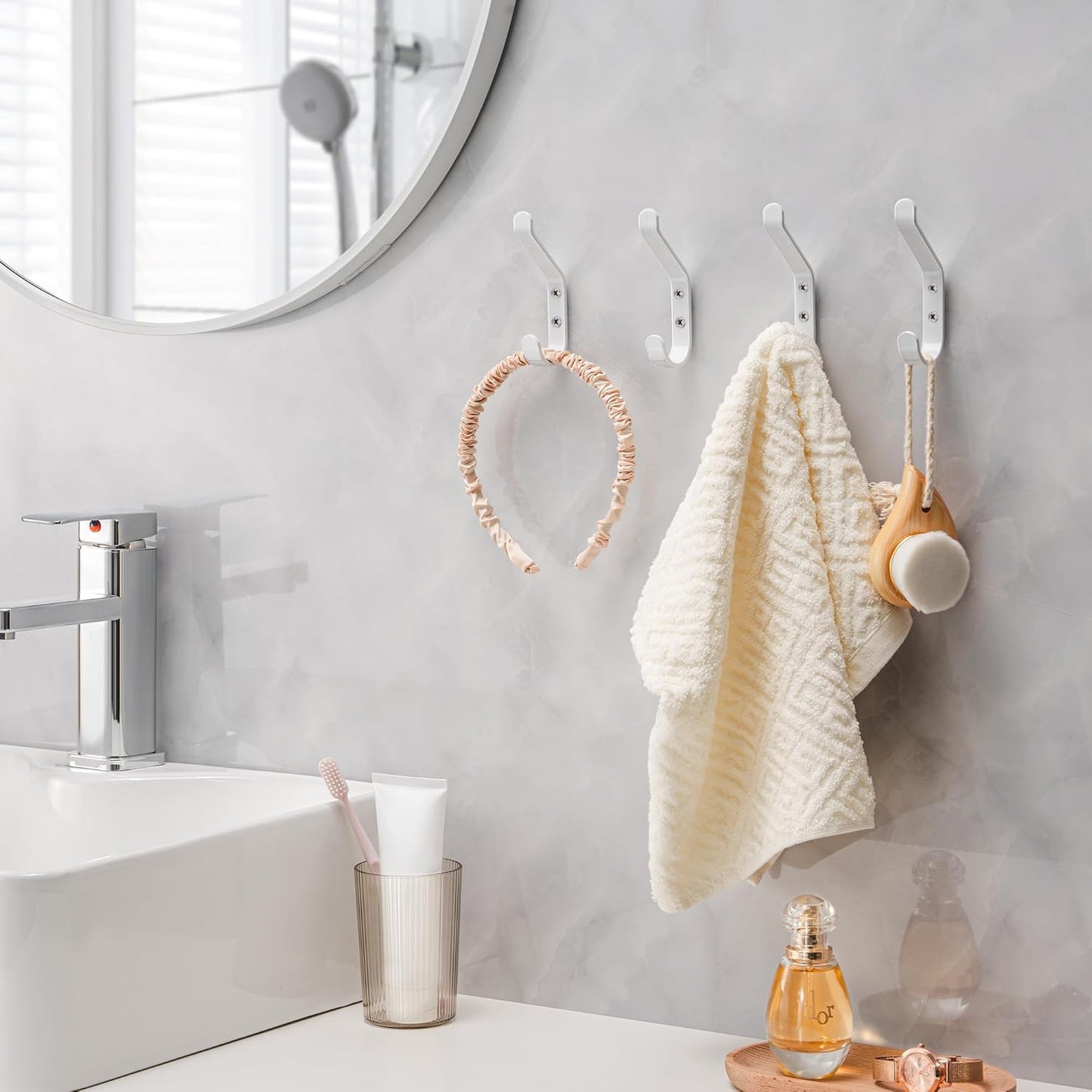 Coat Hook for Hanging, 20LB (Max), Stainless Wall Hooks for Towel, Hat, Backpack, Key, Clothes, Wall Mounted Coat Hanger for Closet, Metal, White, 4 Pack