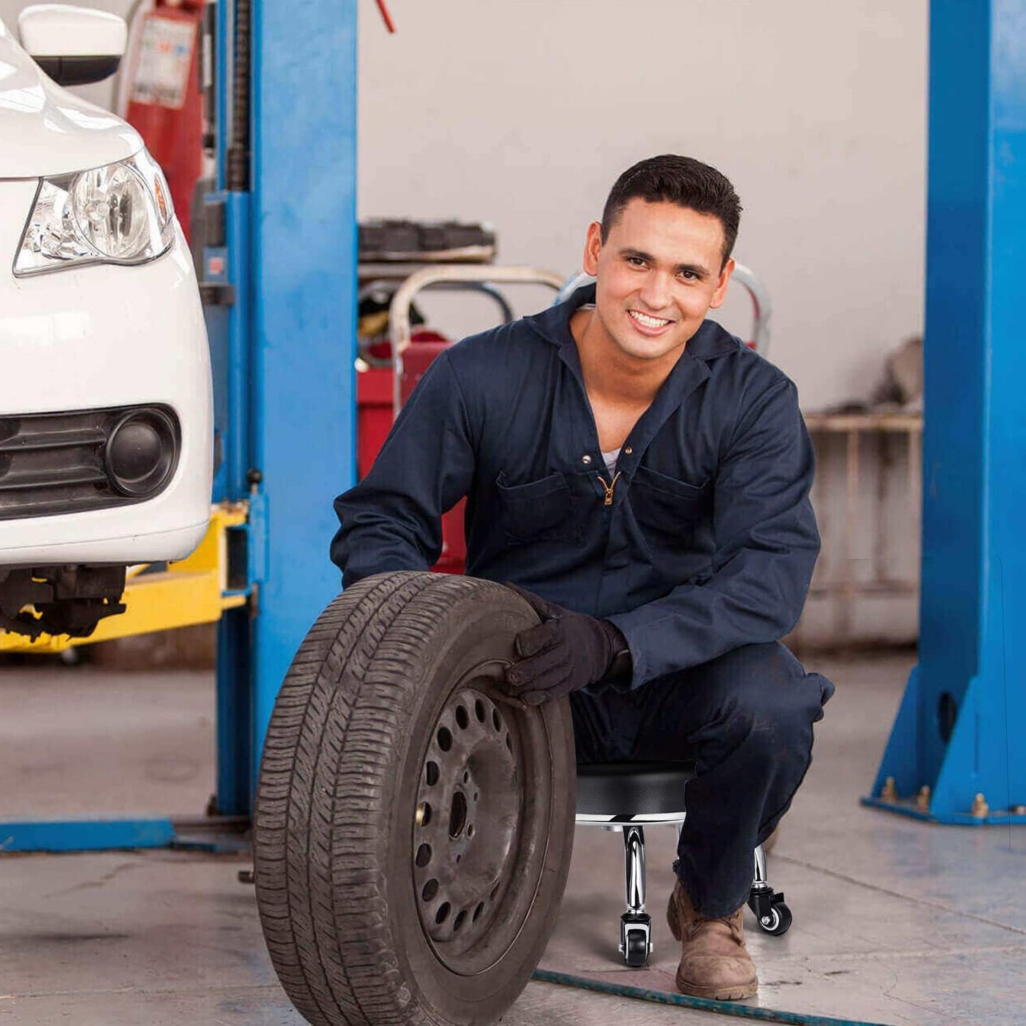 Low Rolling Stool, Low Stool with Wheels, PU Leather Low Roller Seat Stool Chair, Rolling Seat Stool for Home Office Garage Shop (Style 2)