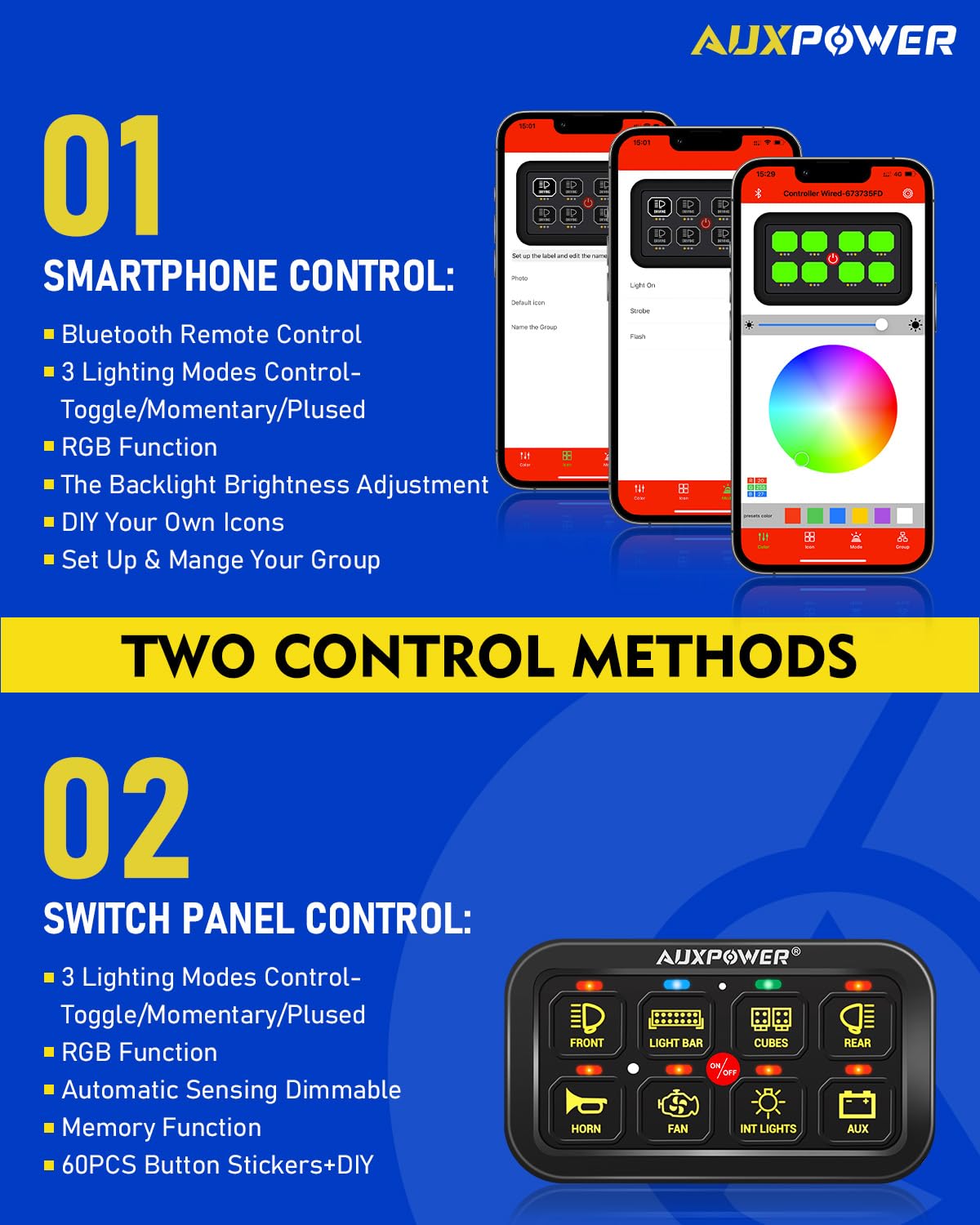 Auxpower RGB 8 Gang Switch Panel with App Control Turn On/Off Momentary Pulsed Multifunction 12V Switch Panel for Truck Circuit Control Relay System Switch Panel Waterproof for Car Boat Truck RV