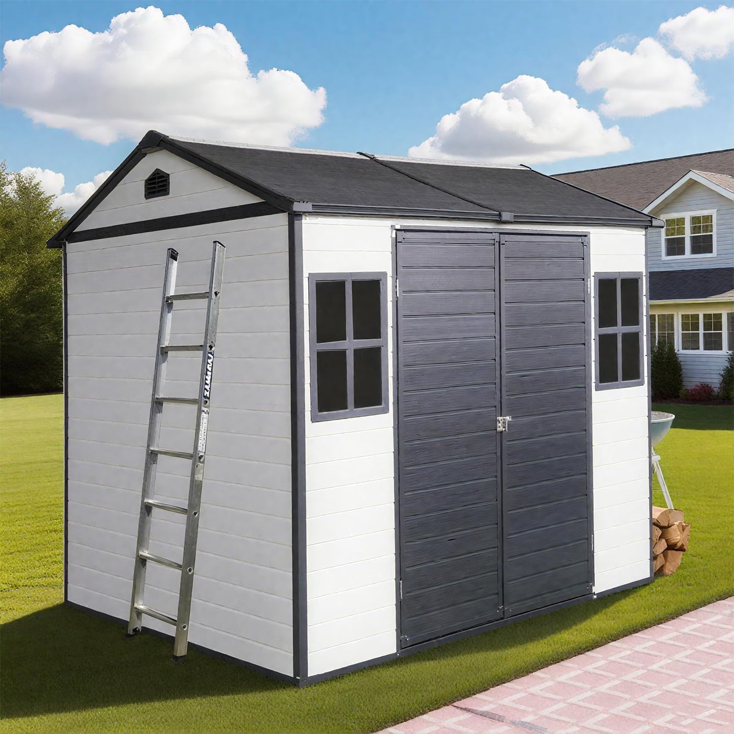 8x6 FT Outdoor Storage Resin Shed with Floor,Waterproof Plastic Garden Bike Shed with Lockable Door, Sloped Roof, Vents & Windows, Easy Assembly Tool Shed for Lawn, Backyard, Patio, White