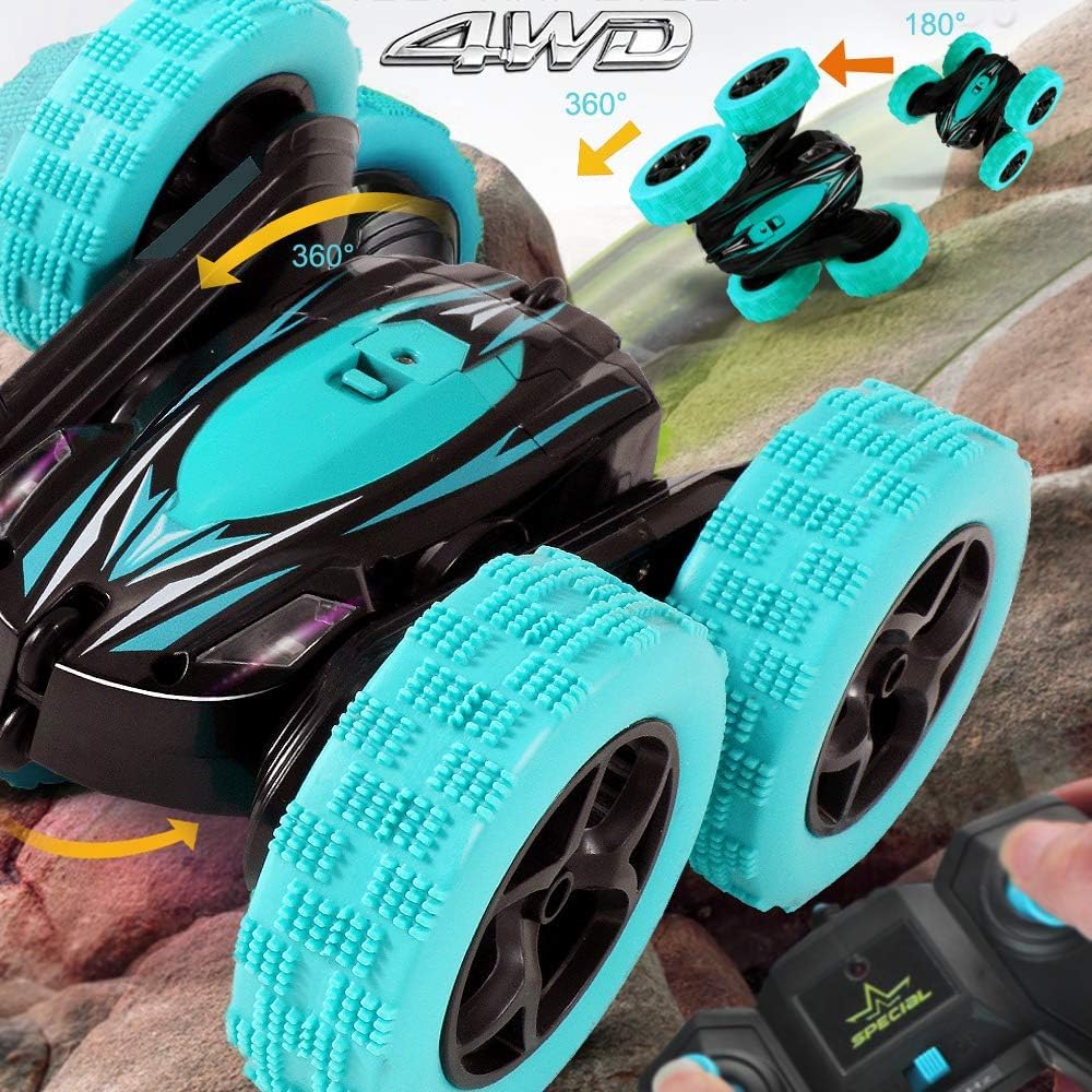 Remote Control Car: Double Sided 360°Rotating 4WD RC Cars 2.4GHz Electric Race Stunt Toy Car Rechargeable Toy Cars for 6 7 8 9 10 11 12 Year Old Boys Girls Kids Christmas Birthday Gifts Cyan