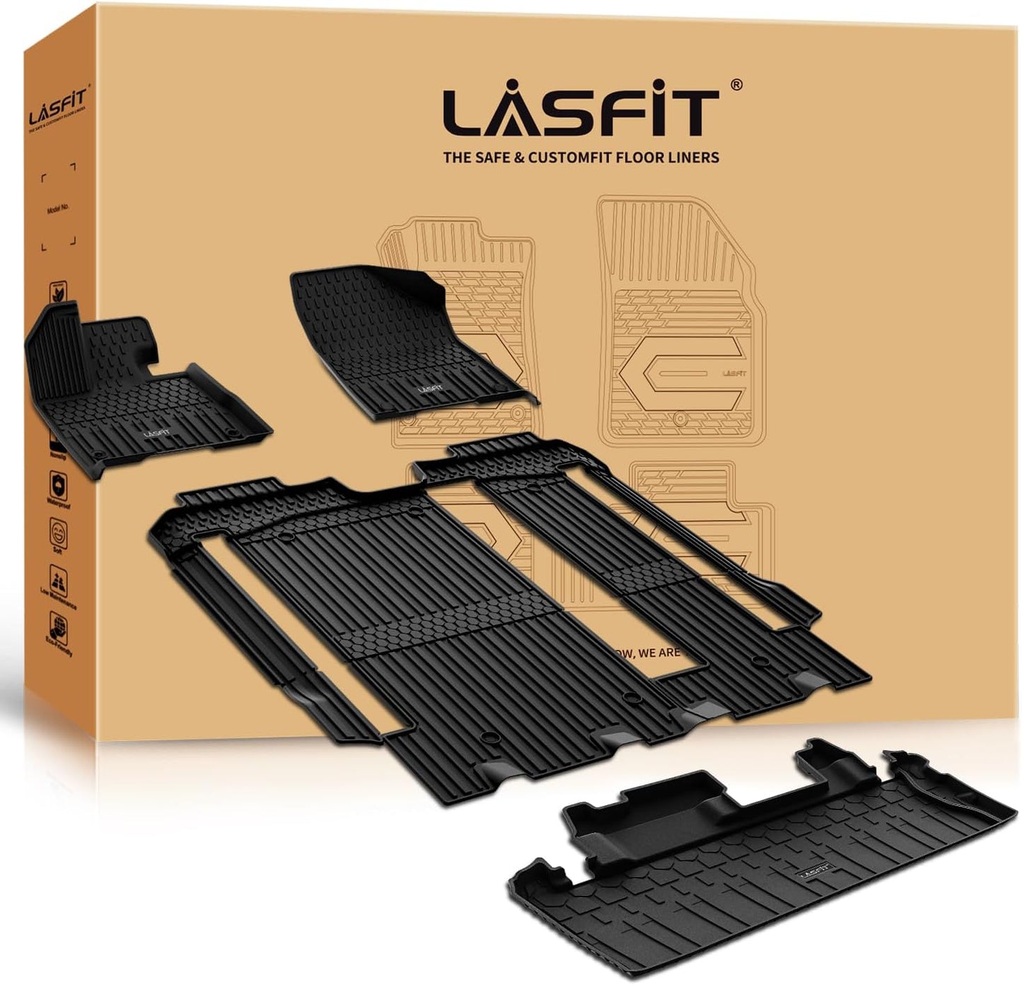 LASFIT Floor Mats&Trunk Mat for Toyota Sienna 8 Seats 2021-2024 2025 All Weather TPE Custom Fit Floor Liner for Sienna LE/XLE (w/o Spare tire) Front and Rear Car Mats&Cargo Liner, Black