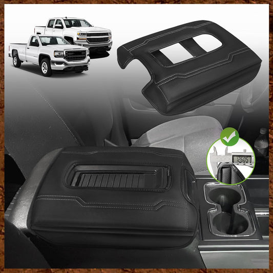 Muslogy Center Console Armrest Cover Compatible with Chevy Silverado & GMC Sierra 1500 2500 3500 2014-2018 Armrest Pad Arm Rest Cushion Vegan Leather Protector 1-Inch Extra Thick(Bucket Seat ONLY)
