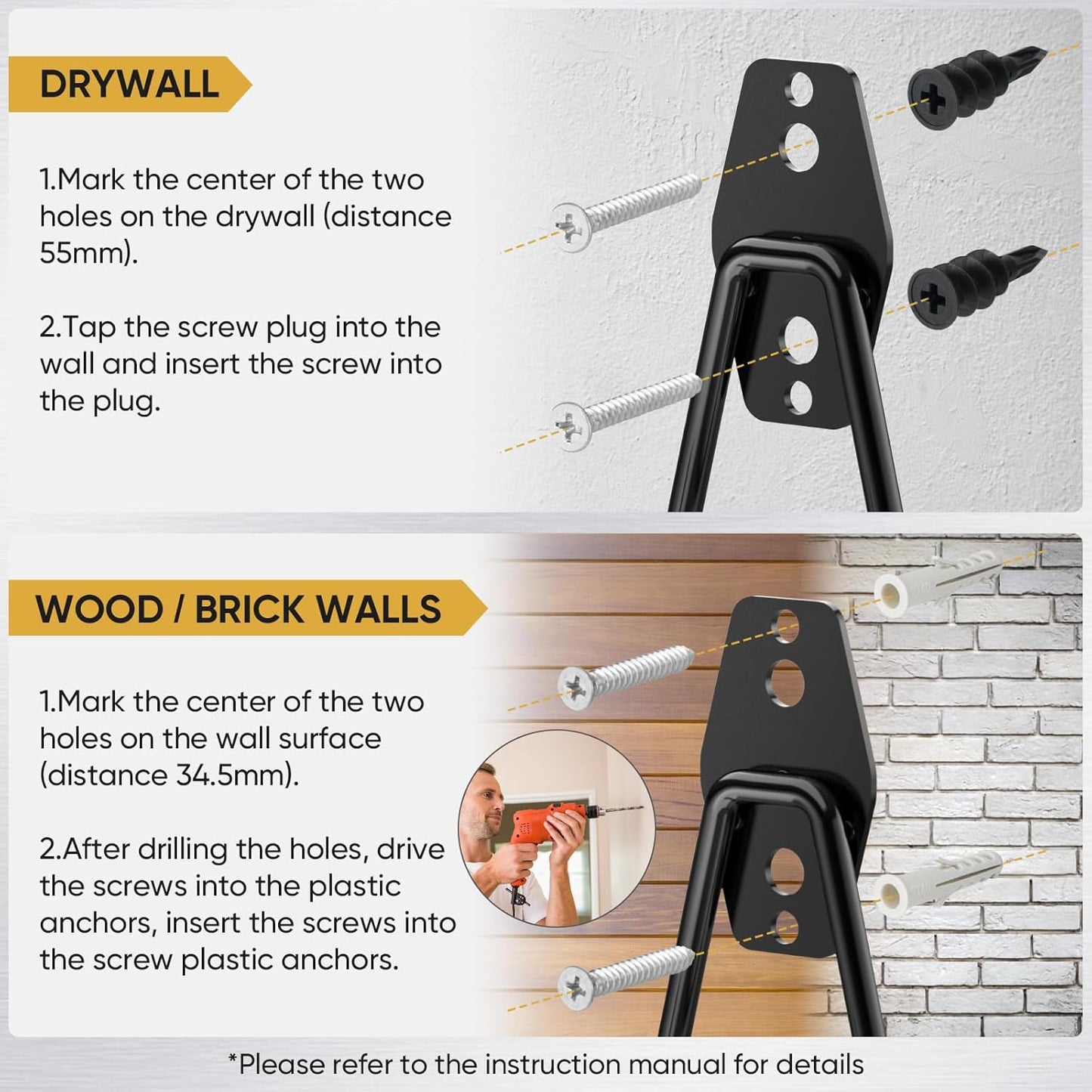 TICONN 2 Pack Heavy Duty Garage Hooks, Steel Utility Wall Storage Hooks, Wall Mount Hanger Organizer for Ladders, Bikes, Tools, Bulky Items (Small, Orange Square)