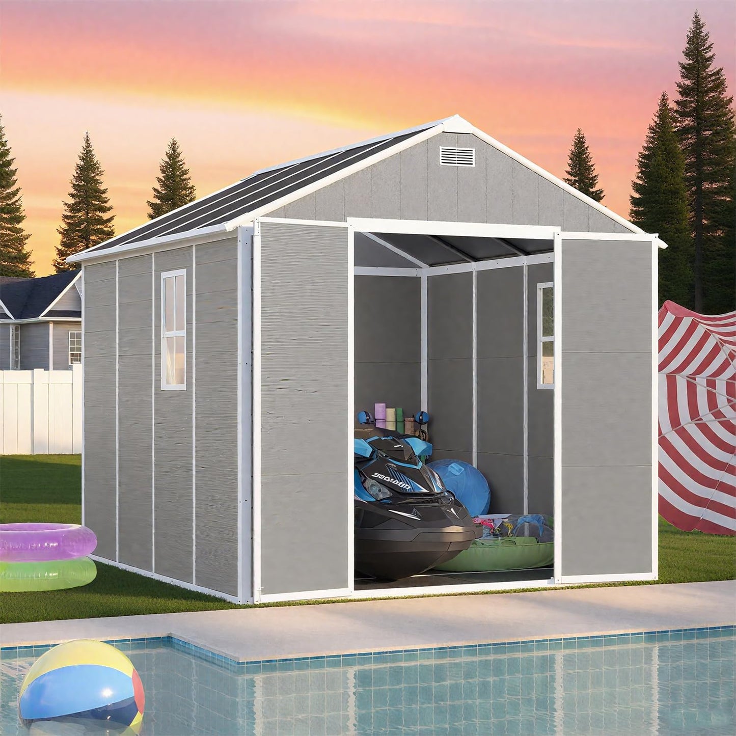 8x8 FT Outdoor Storage Resin Shed with Floor,Waterproof Plastic Garden Bike Shed with Lockable Door, Sloped Roof, Vents & Windows, Easy Assembly Tool Shed for Lawn, Backyard, Patio, Grey