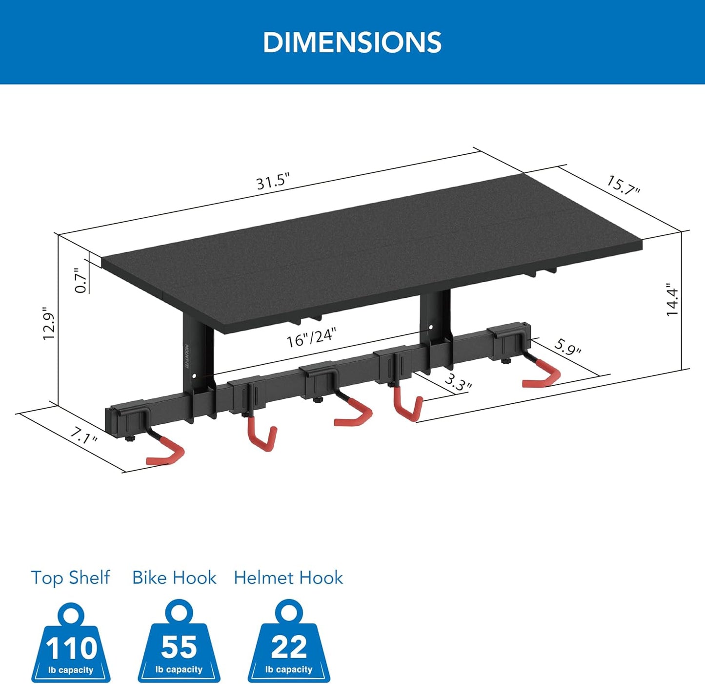Mount-It! WheelsUp Bike Wall Mount with Shelf | Garage Storage Rack for 3 Bikes & Accessories | Adjustable Padded Hooks, 110 lb Shelf Capacity | Ideal Bike Rack Garage Wall Mount for Organized Spaces