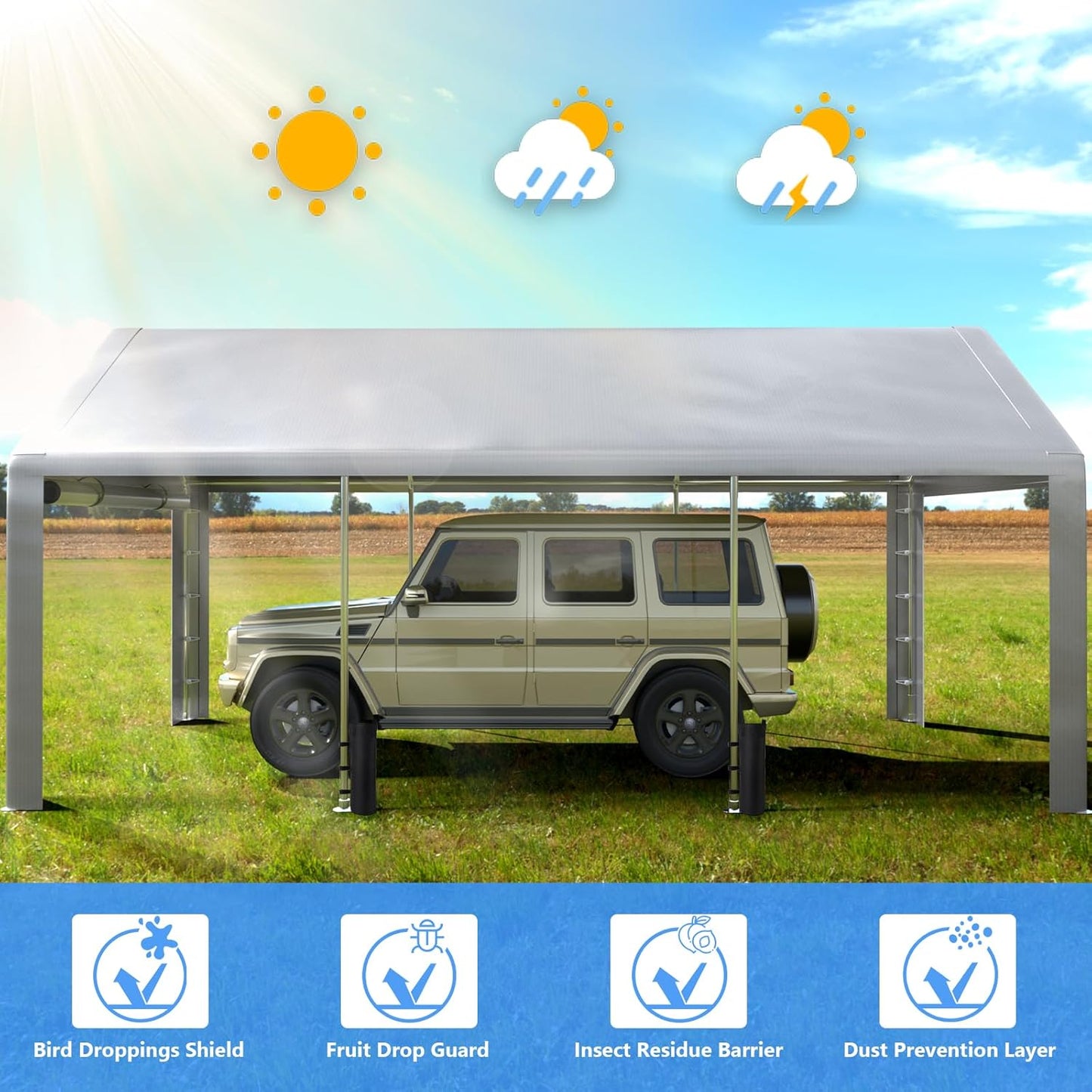 Carport 13x21ft Heavy Duty Large Outdoor Storage Shed with Roll-up Windows, Portable Garage w/Removable Sidewalls & Doors, Car Canopy Tent w/Sandbags & Tarp for Car Boat Truck