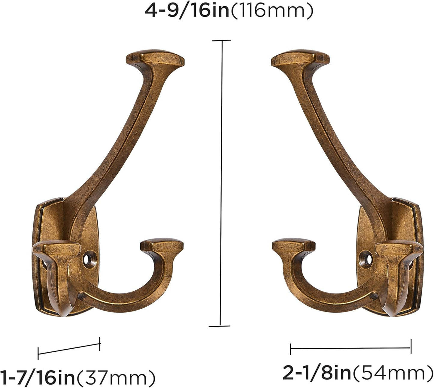 Large Wall Double-Sided Hook 5 Pack Antique Brass Hook Decorative Heavy Duty Solid Large Coat Hooks for Towel Hanging Coats Robe Towel Bags Door Back 2 Prong Hooks
