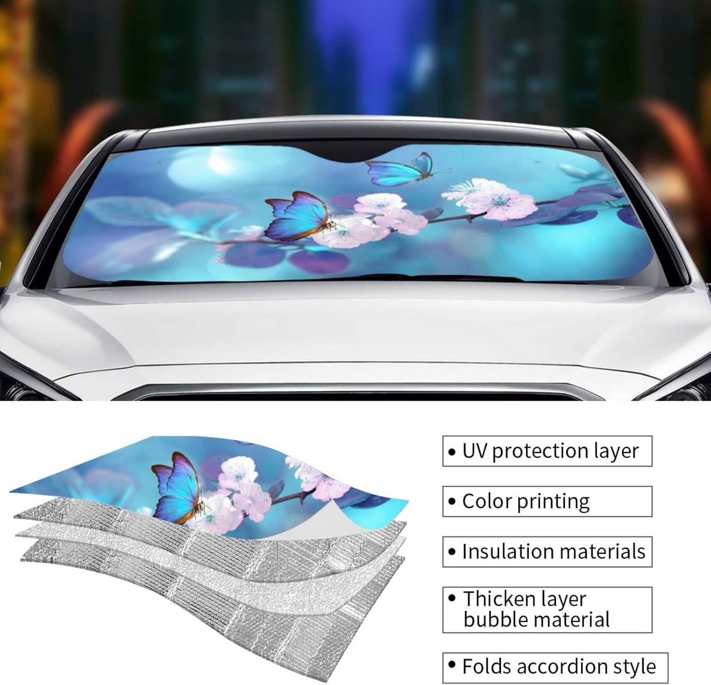 Blue Butterfly Flower Car Windshield Sunshade Front Window Sun Visor Protector Foldable Shield Cover for Truck SUV