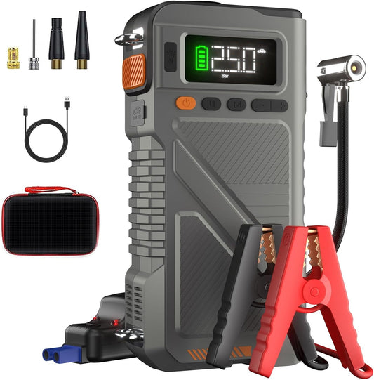 Portable Car Jump Starter with Air Compressor, 8000A Jump Box Combo 150PSI Tire Inflator, 12V Vehicle Jumpstarter Power Pack for All Gas/12L Diesel