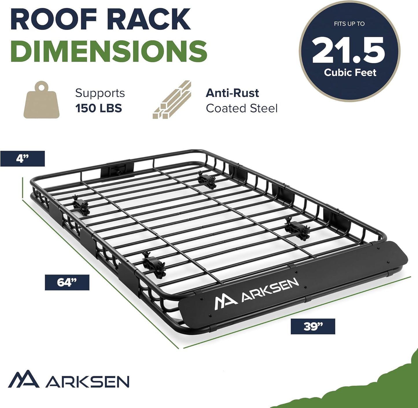 ARKSEN 64 x 39 x 4 Inch Upgrade Universal Roof Rack with Waterproof Bag - 150Lbs Capacity Heavy Duty Rooftop Cargo Carrier with Extension for Car, SUV & Pickup