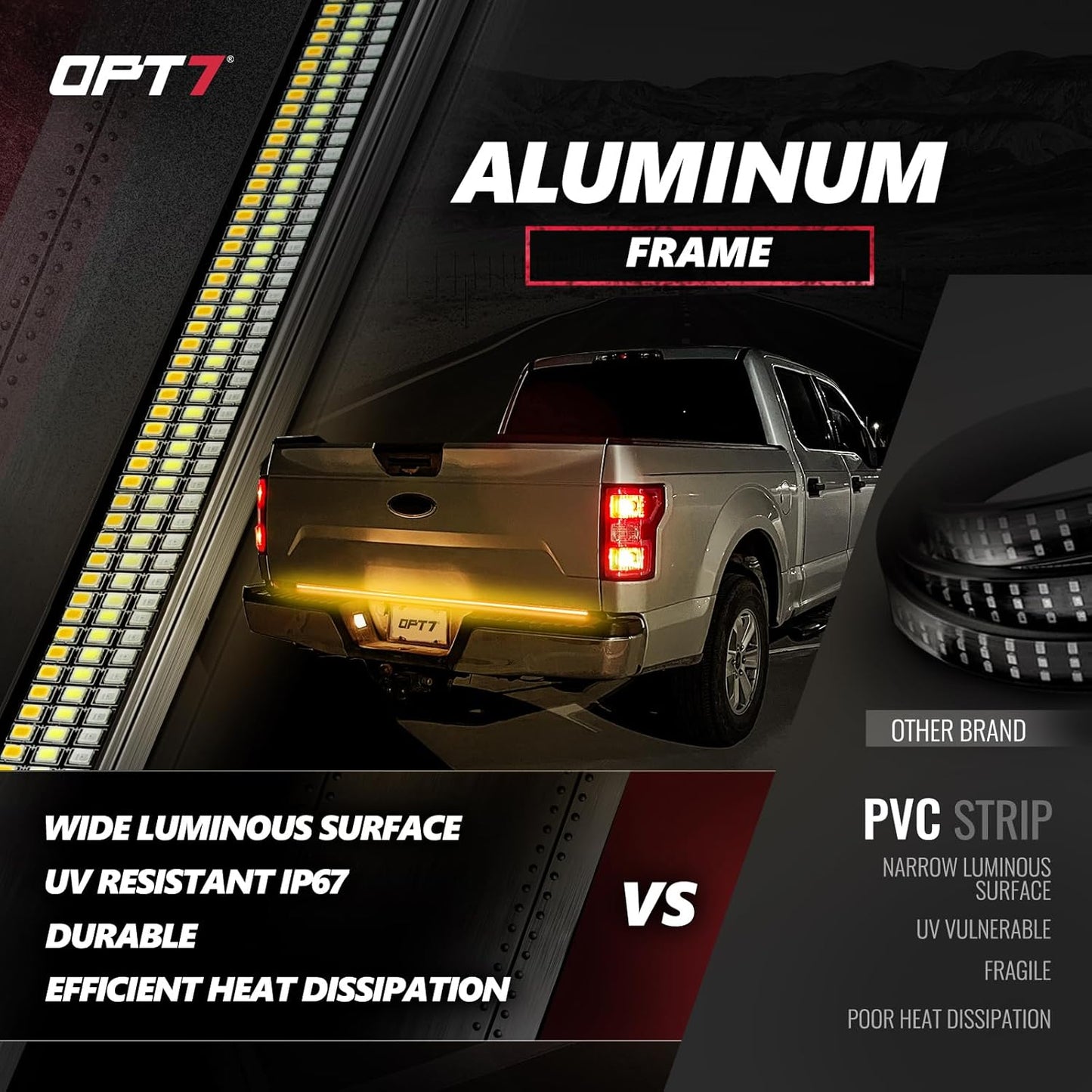 OPT7 60" Redline Triple Row LED Tailgate Light Bar w/Sequential Amber Turn Signal - Weatherproof Rigid Aluminum Frame Light Strip for F150 RAM Silverado Sierra - Full Functions Reverse Brake Running