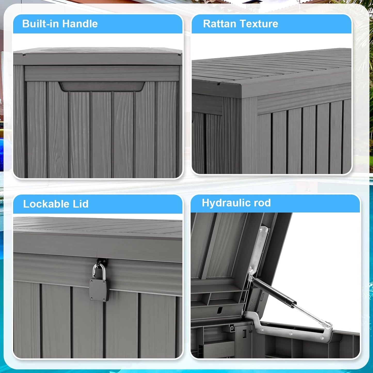 200 Gallon Lockable Resin Deck Box, Waterproof & UV-Resistant Outdoor Storage Box for Outdoor Cushion Storage, Garden Tools & Pool Accessories Storage, Gray