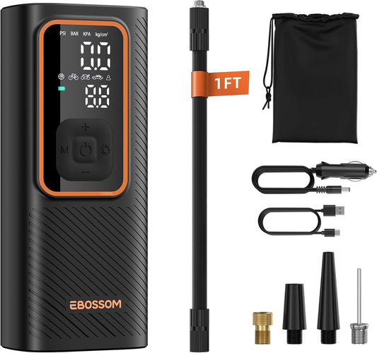 Tire Inflator Portable Air Compressor, Car Air Pump with Pressure Gauge, 150 PSI Cordless Tire Inflator Rechargeable with Display & LED for Car, Motocycle, Bikes, Balls, Swim Ring