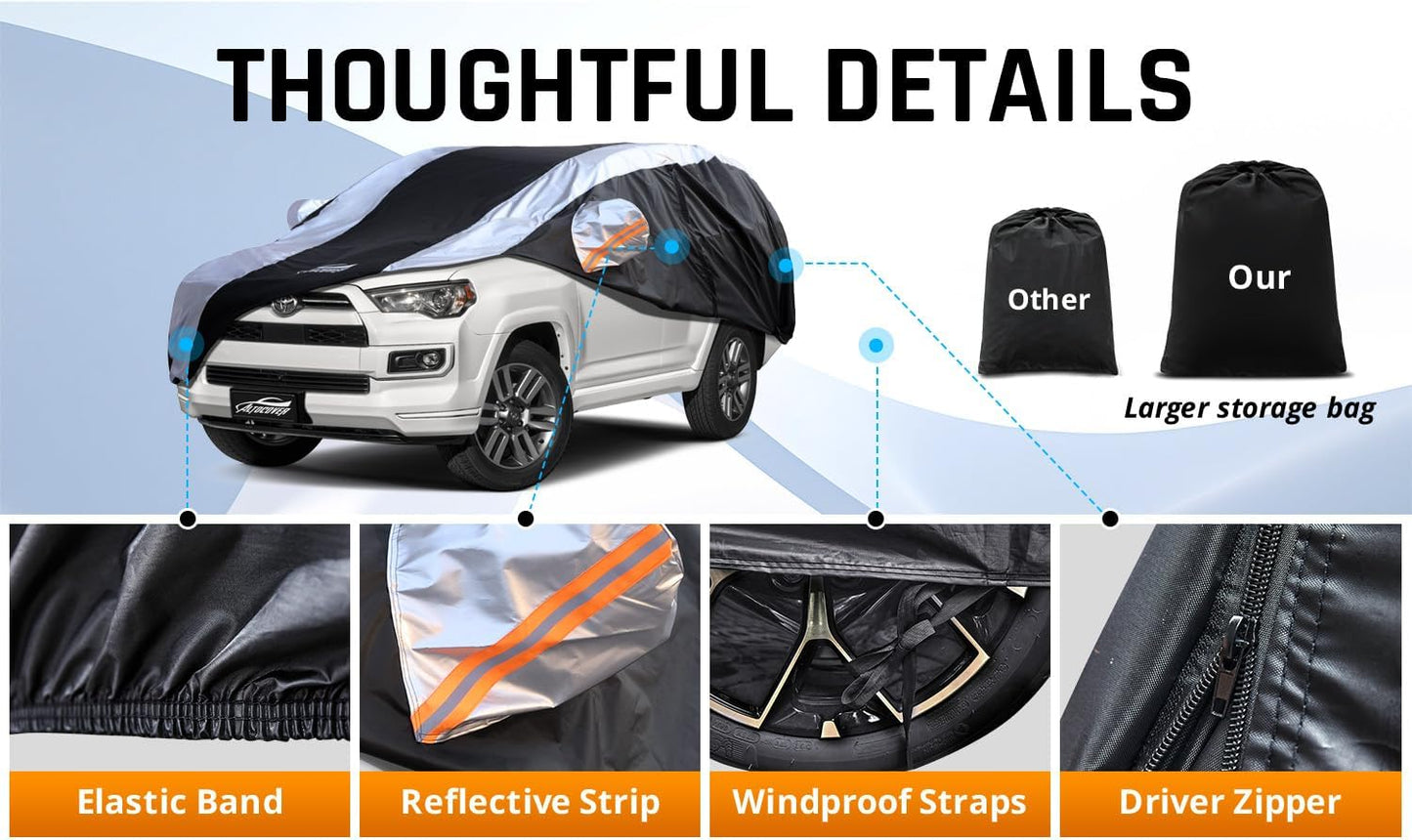 Toyota 4Runner Car Cover Waterproof All Weather with Silver Strip Design, Custom Fit for Toyota 4Runner 2003–2025, 4Runner Accessory with Door Zipper & Windproof Straps