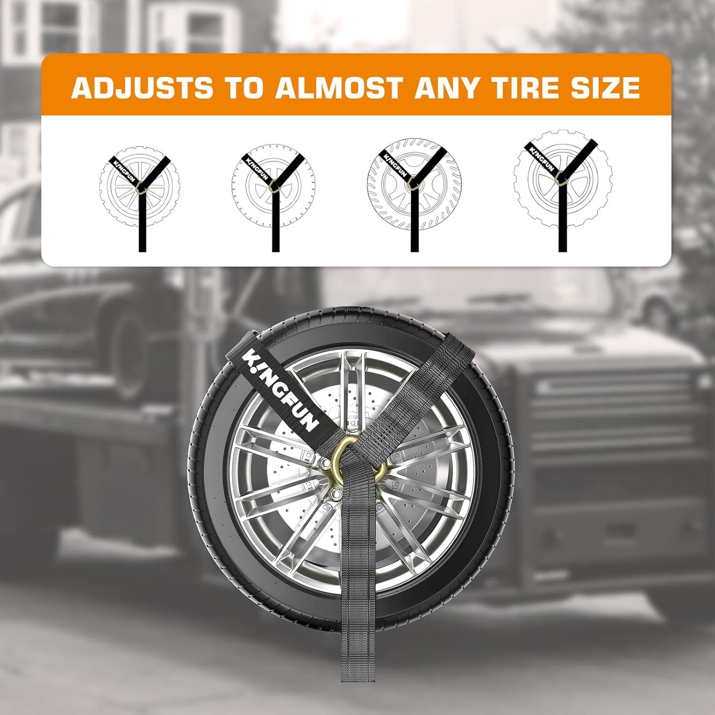 Kingfun Car Tie Down Straps for Trailers 4 Pack– Heavy Duty 2" x 120" Trailer Tire Straps with 3333 lbs Safe Working Load, Over The Wheel Strap for Car Hauler, Truck, UTV, and Utility Trailers