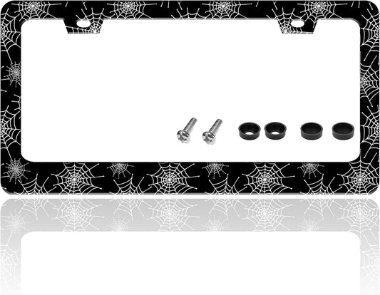 Spider Web License Plate Frame Gothic Style License Plate Holder Halloween for Front or Rear Car Tags Reusable Stainless Steel Funny Car Decoration with Screws 6.3 X 12.2 in
