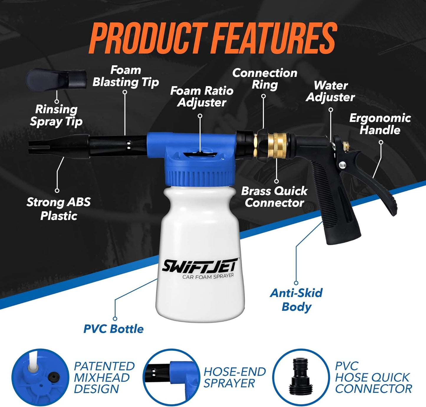 SwiftJet Car Wash Foam Gun + Microfiber Wash Mitt - Car Foam Sprayer - Car Wash Kit - Foam Cannon Garden Hose Sprayer - Car Accessories for Men - Snow Foam Blaster (Blue Foam Gun with Mitt)