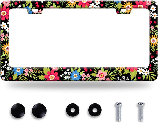 Folk Art Flowers License Plate Frame Funny Colorful License Plate Frames Stainless Steel Accessories Cars Decor with 2 Holes and Screws Fits Standard Us Ca Vehicles License Plate Holder 12.2 X 6 Inch