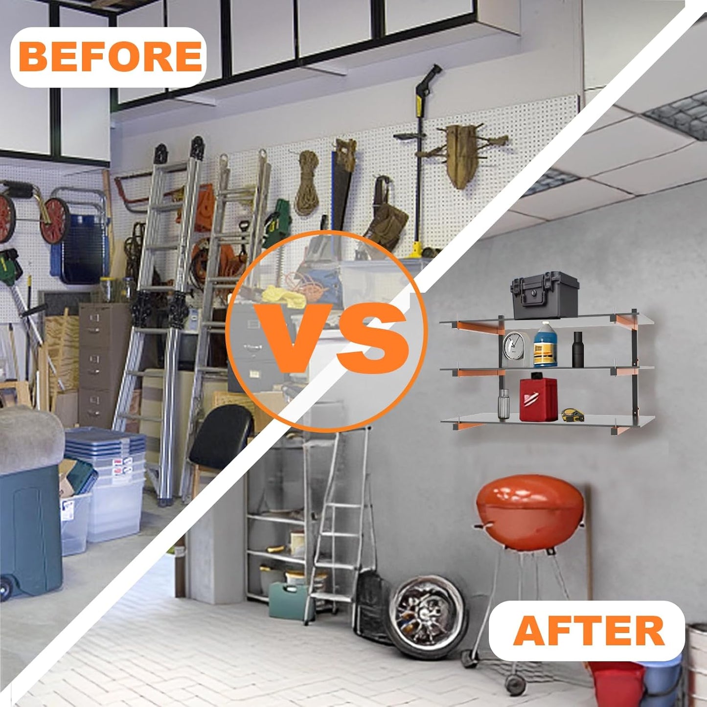 Lumber Rack Wall Mount, Heavy Duty Wood Storage Racks, 3-Level System Garage Shelving, 380 Lbs Capacity Organizer Shelves, Folding Orange Brackets, 2 Pack Hanging Metal Shelf for Indoor and Outdoor