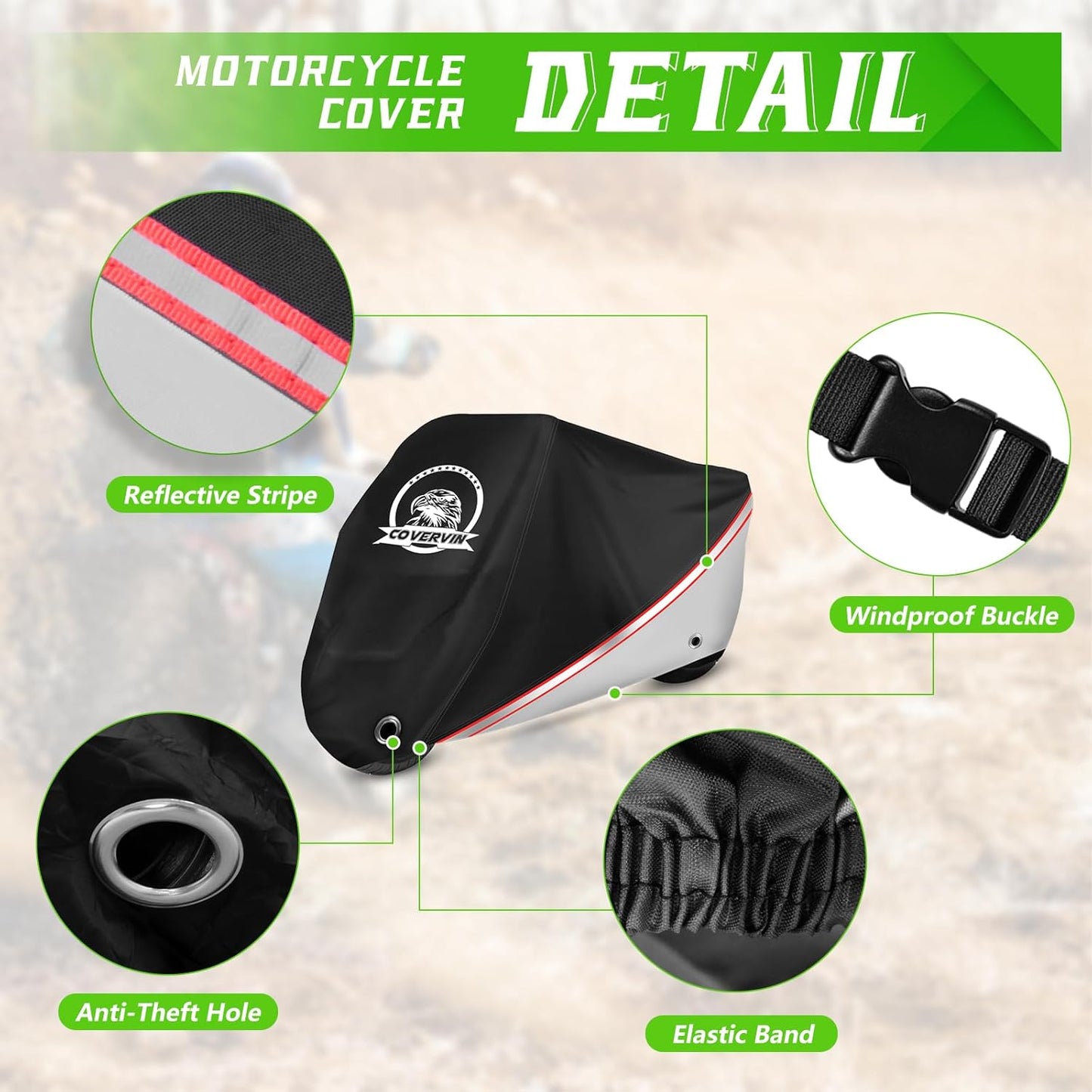 COVERVIN Motorcycle Cover, All Weather Outdoor Waterproof Night Protection with Reflective Strips, Locking Holes and Storage Bag for 91 Inch Suzuki, Kawasaki, Honda, Harley-Davidson(Silver L)