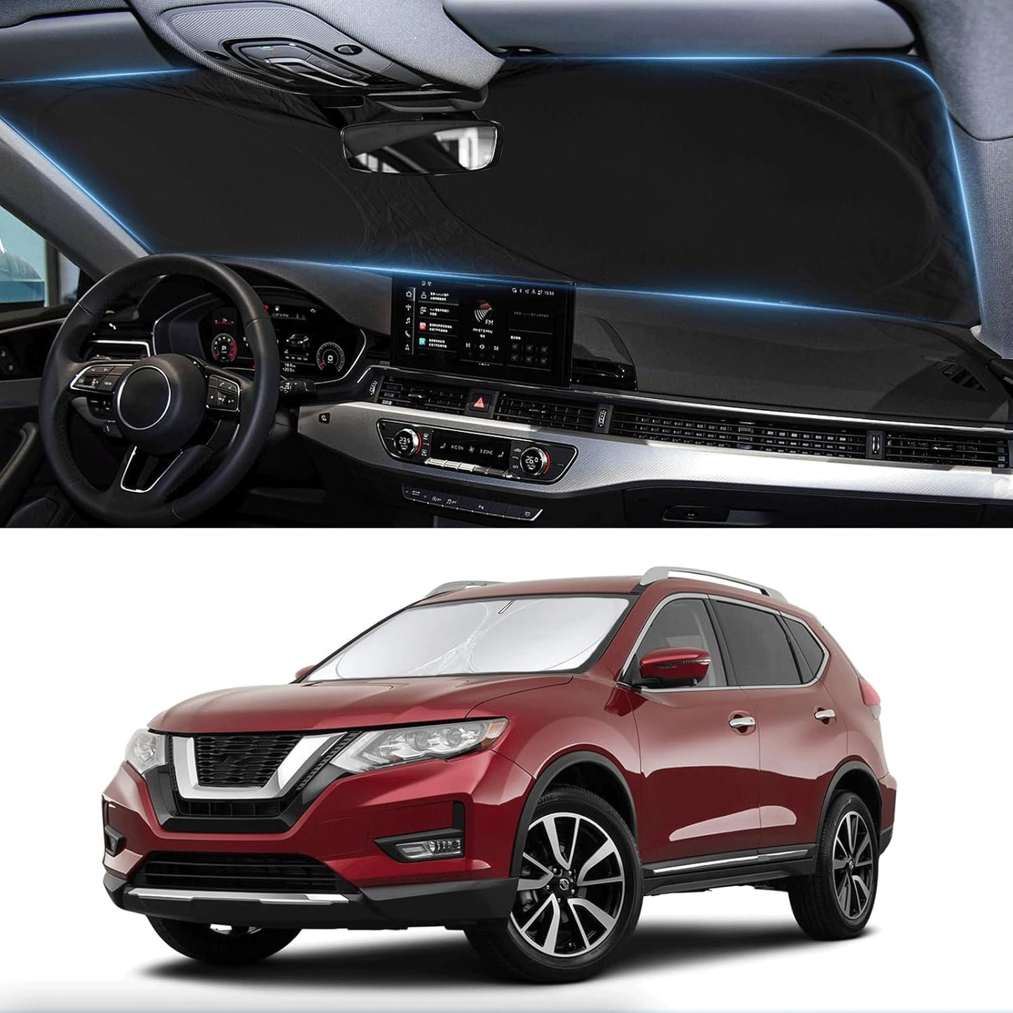 Custom Fit Rogue 3rd Windshield Sunshade for Nissan Rogue 3rd Gen 2021 2022 2023 2024 2025 (Not for Rogue Sport) Front Window Car Shades Shield Cover for Windshield Sun Visor Protector Blocks UV Rays