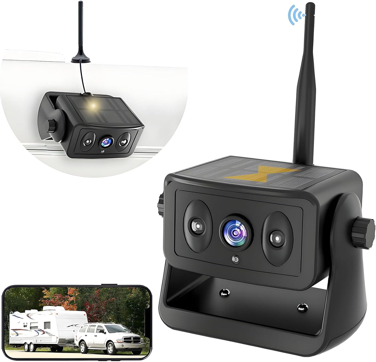 Wireless Backup Camera for RV/Truck/Camper/Trailer - Solar-Powered Strong Magnetic Mount, No Wiring/Drilling, HD Night Vision, Waterproof, Low Power - Works with iPhone & Android (Easy Installation)