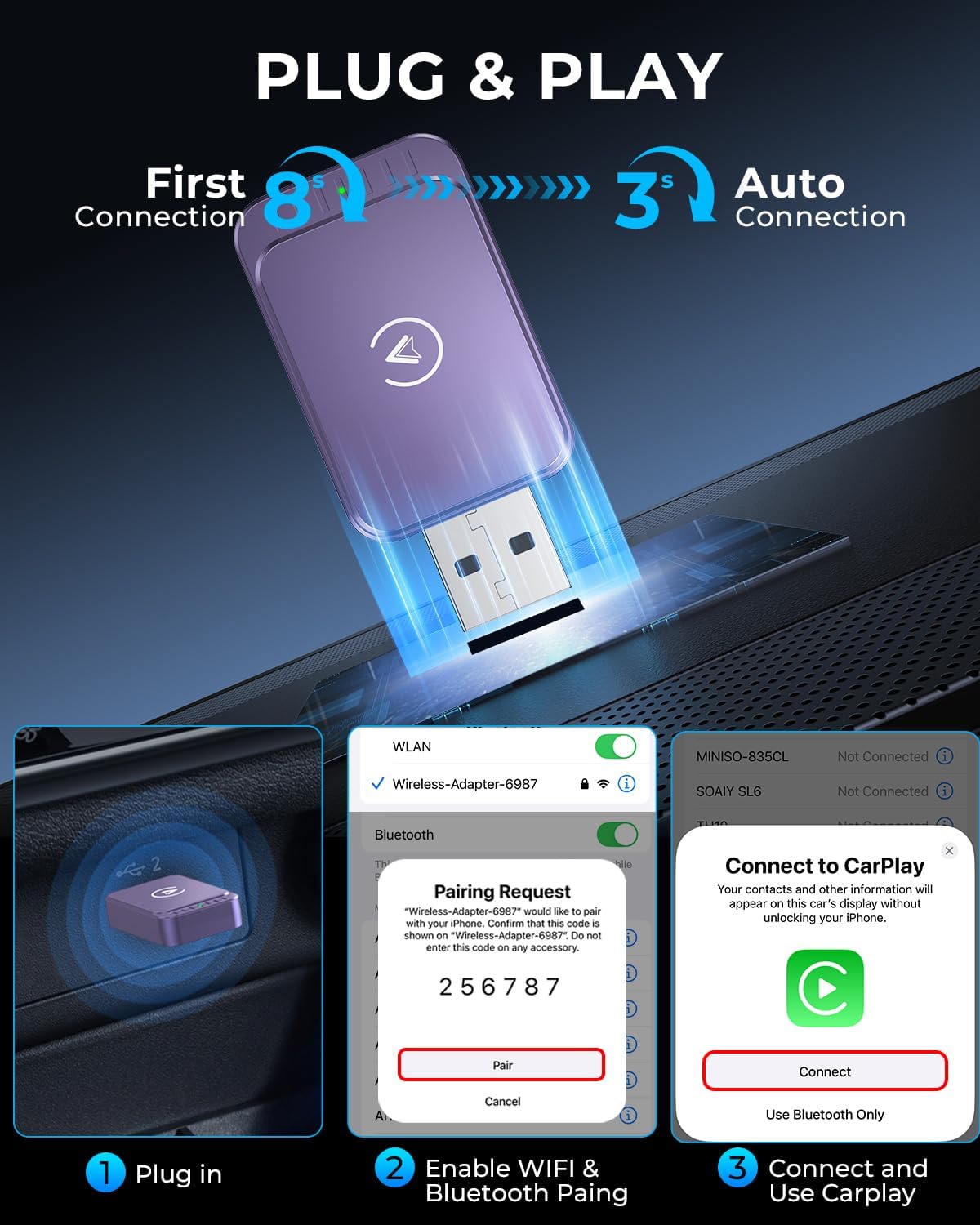 AuroraLink Wireless Carplay & Android Auto Wireless Adapter 2-in-1 Fast & Stable Carplay Wireless Adapter Convert Wired to Wireless Car Play Dongle for iOS 10+/Android 11+ (Purple)