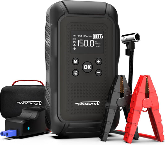 7000A Jump Starter with Air Compressor, VoltSurge 150PSI Battery Charger Pack (All Gas/10.0L Diesel), 12V Battery Jumper Starter Portable, Car Jump Box with Large LCD Display