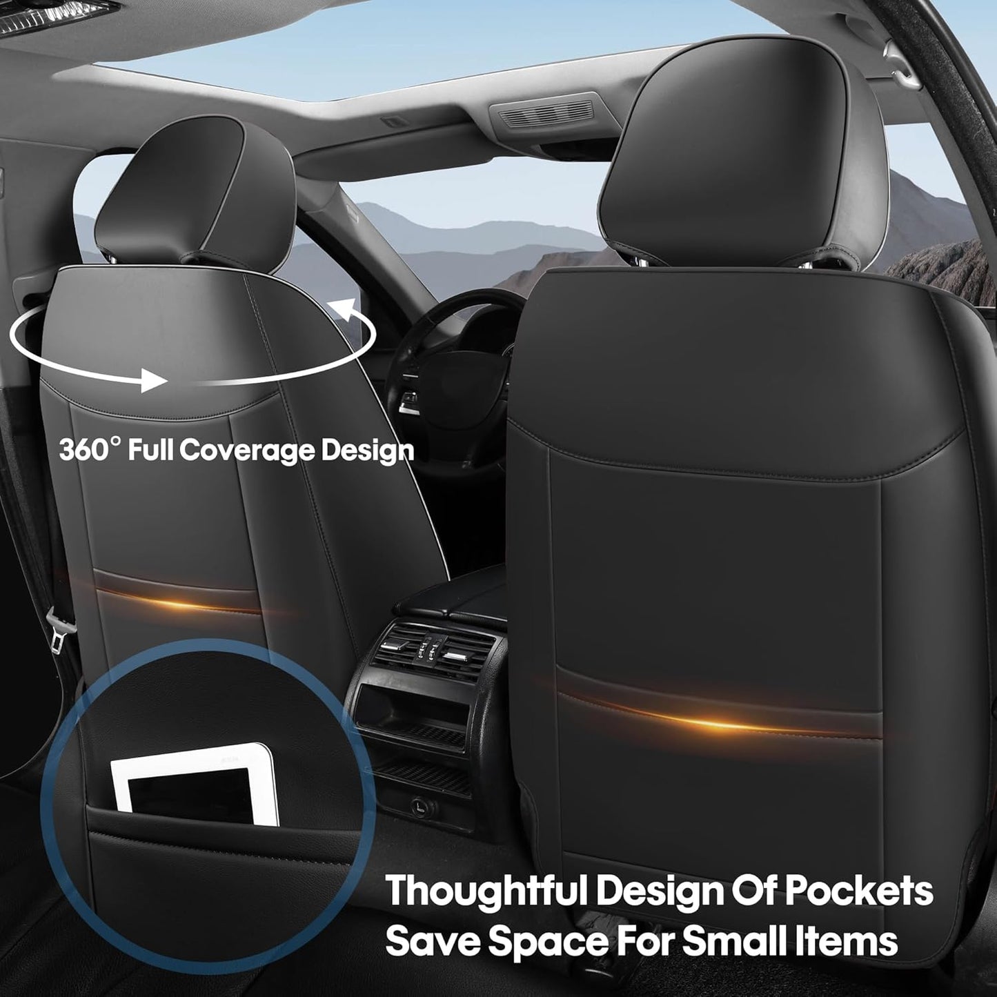 AOOG Car Seat Covers Full Set, Leather Seat Covers for Car, Waterproof Car Seat Protector with Lumbar Support, Automotive Seat Covers Universal Fit for Most Cars SUV Trucks (Full Set, Beige&Black)