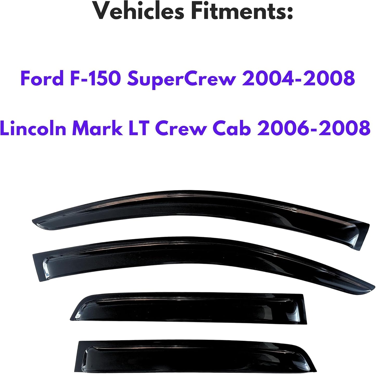 KPY Window Visor Compatible with Ford F150 SuperCrew 2004-2008 & Lincoln Mark LT Crew Cab 2006-2008, 4PC Rain Guard Side Window Vent Deflectors Tape-On Style, 2004 2005 2006 2007 2008