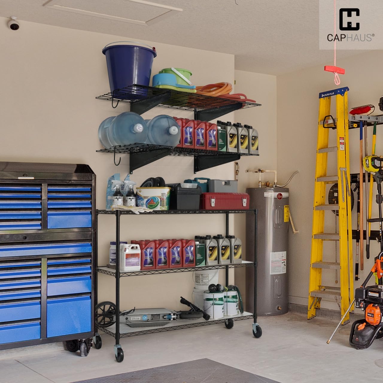 Fencer Wire 48 in. W x 18 in. D Wall Mounted Garage Wall Shelving w/ 2 Hooks, Black Wall Shelf, Heavy Duty Garage Wall Storage System, Garage Organizer Floating Shelves, 500lb Weight Capacity