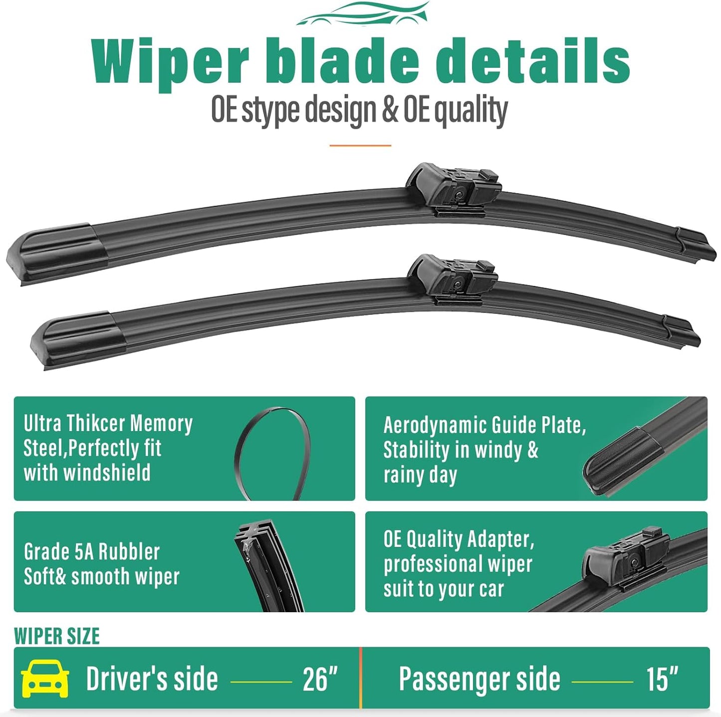 26" 15" 12" Windshield Wiper Blades Replacement for Ford Fiesta 2009-2018 Premium All Weather Front Rear Wipers Set - OEM Quality (Pack of 3)