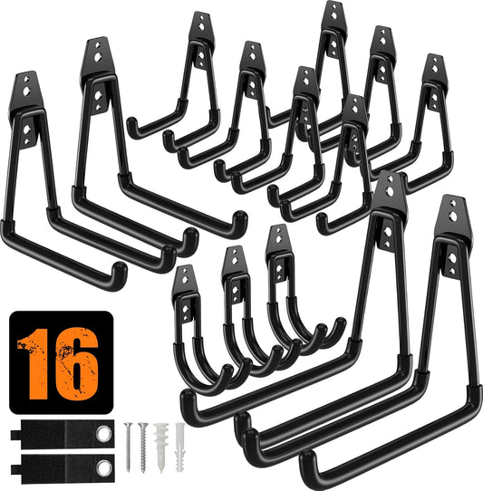QcoQce 16 Pack Heavy Duty Garage Hooks with Extension Cord Straps, Wall Mount Hooks, Garage Organization and Tool Hangers for Bike, Ladder, Ropes and Garden Tools