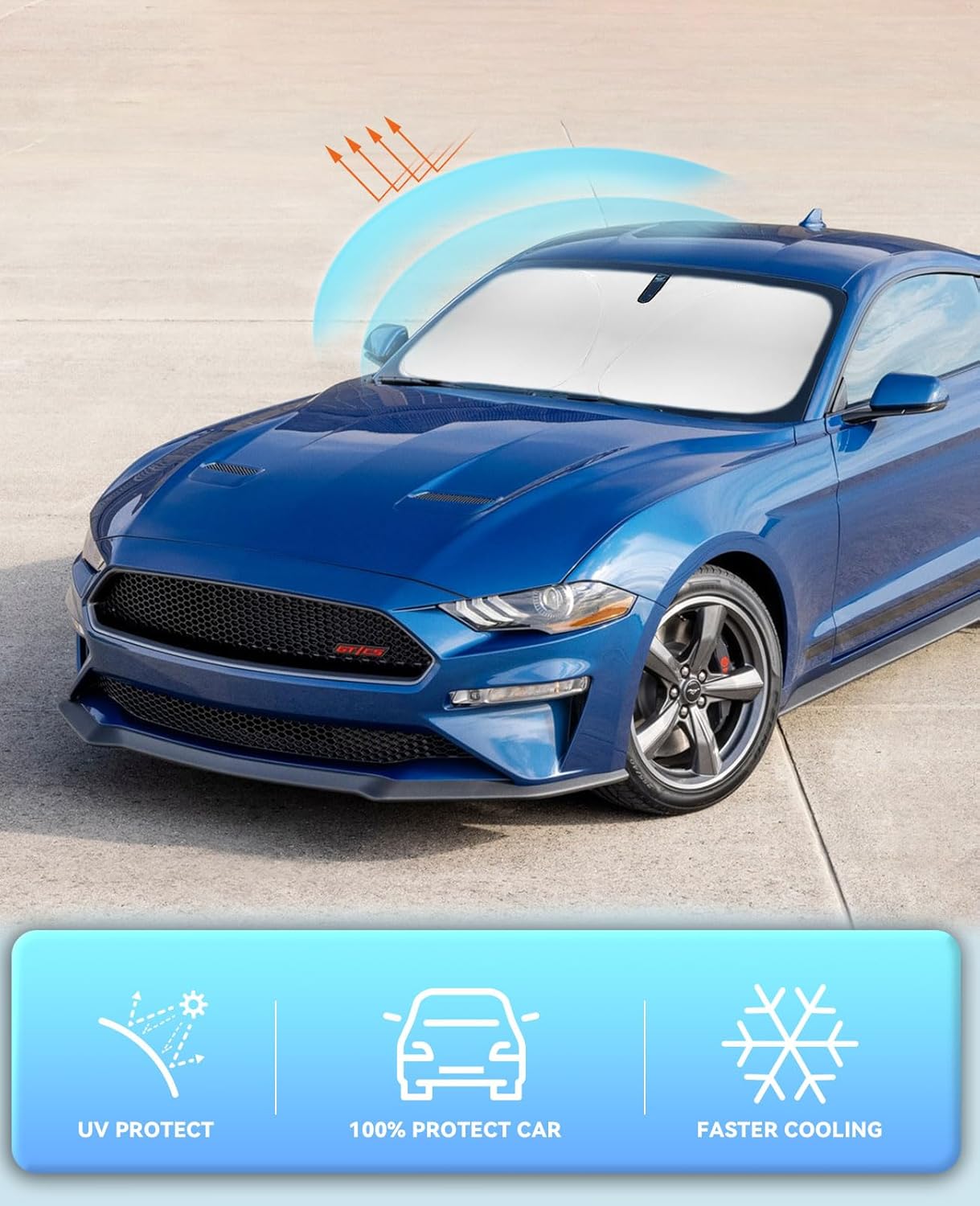 Windshield Sun Shade Car Sunshade for Ford Mustang Accessories 2015-2023 2024 2025 (NOT for Ford Mustang Mach-E Windshield 240T Silver Coating Sun Visor Cover for Mustang Front Window Shield Protector