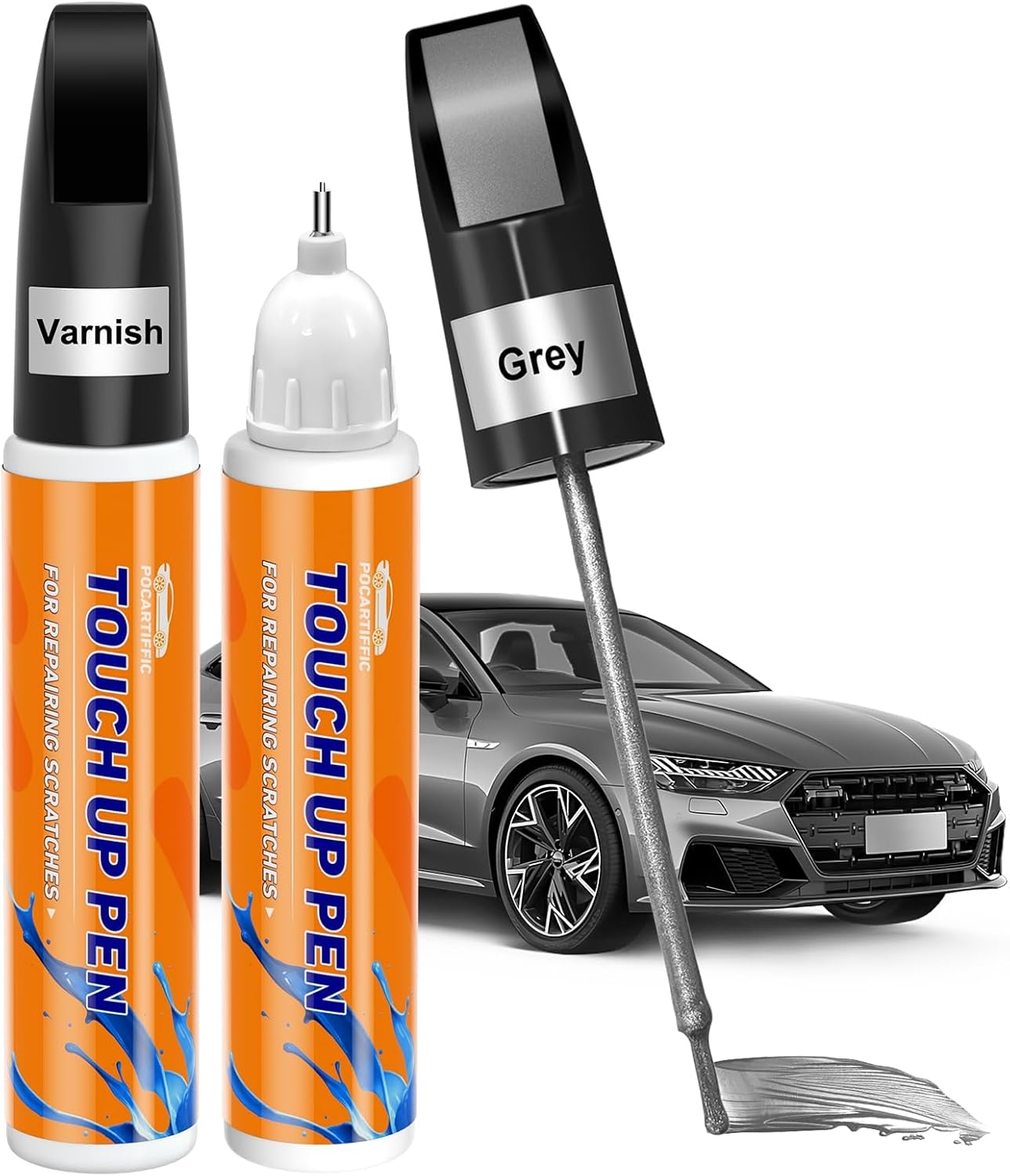 Touch up Paint for Cars, Car Scratch Remover for Vehicles, Car Paint Scratch Repair Automotive Touch Up Paint Pen for Rim, Wheel 2PCS (Grey+Varnish)