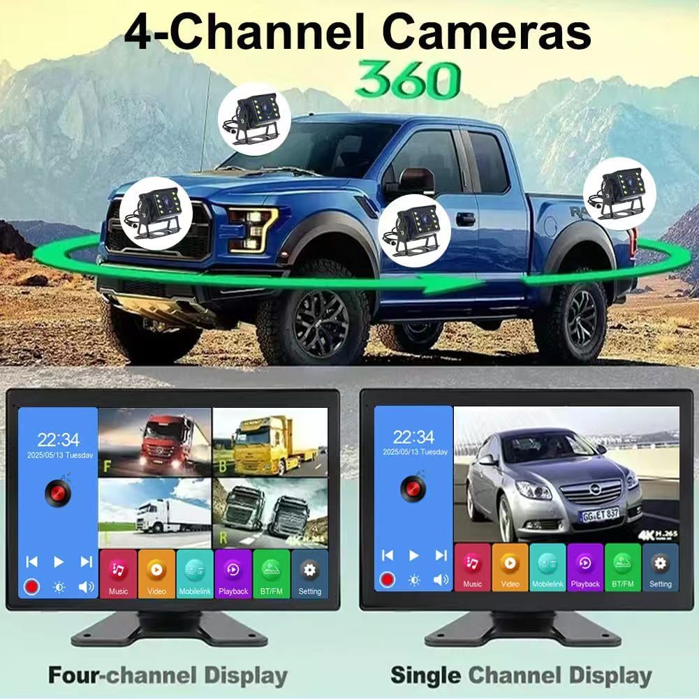 4K RV Backup Camera System,10.1" Quad Split Touchscreen Monitor with 4 1080P Nightvision Cameras, Bluetooth Music USB Video Play with DVR Recording for RV Truck Trailer Van