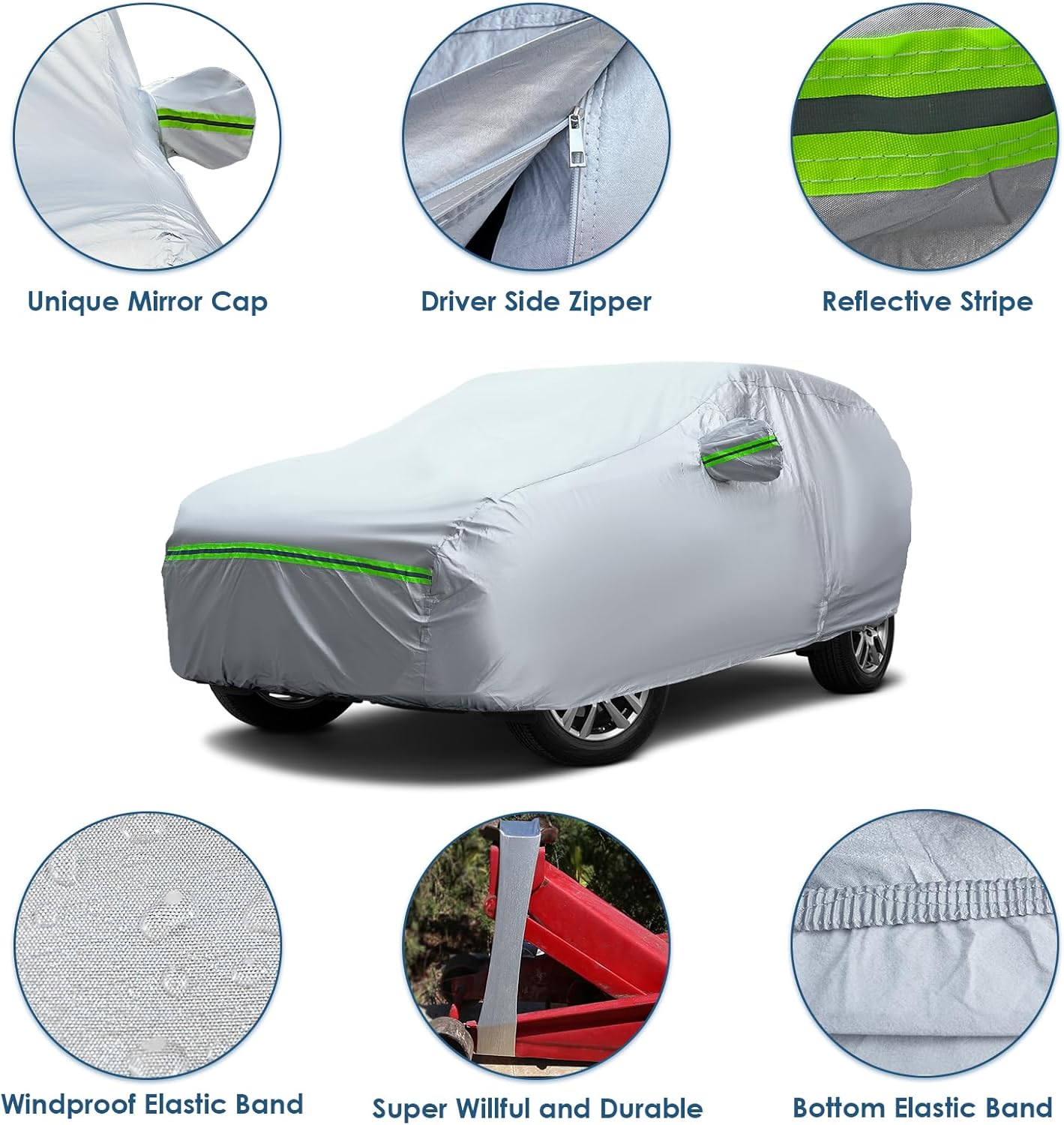 AUQDD 6-Layers Premium Sedan Car Cover Waterproof All Weather Weatherproof UV Sun Protection Snow Dust Storm Resistant Outdoor Exterior Custom Form-Fit Full Padded Car Cover with Straps 197"-208" K4
