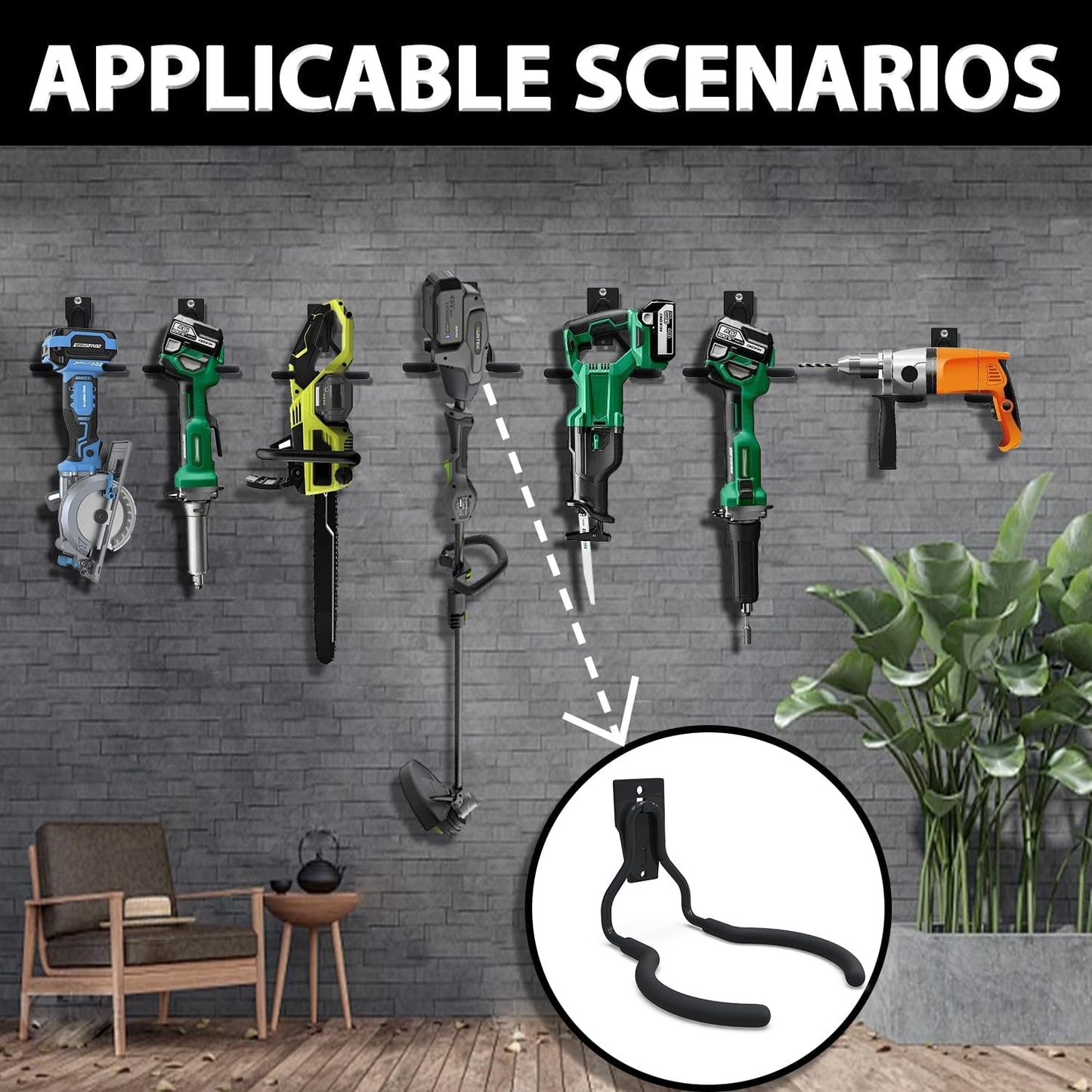 3-H Weed Eater Hanger 2 Pack,2 Garden Hose Holder,2 Screw in Hooks,Utility Weedeater Rack,Tool Hangers for Organizing and Hanging Weed Wacker,Leaf Blower,String Trimmer in Garden